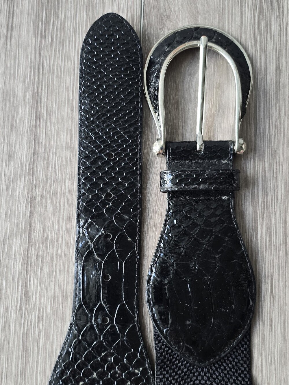 Chico's Black Snake Embossed Stretch Belt Silver Rhinestone Buckle Size L